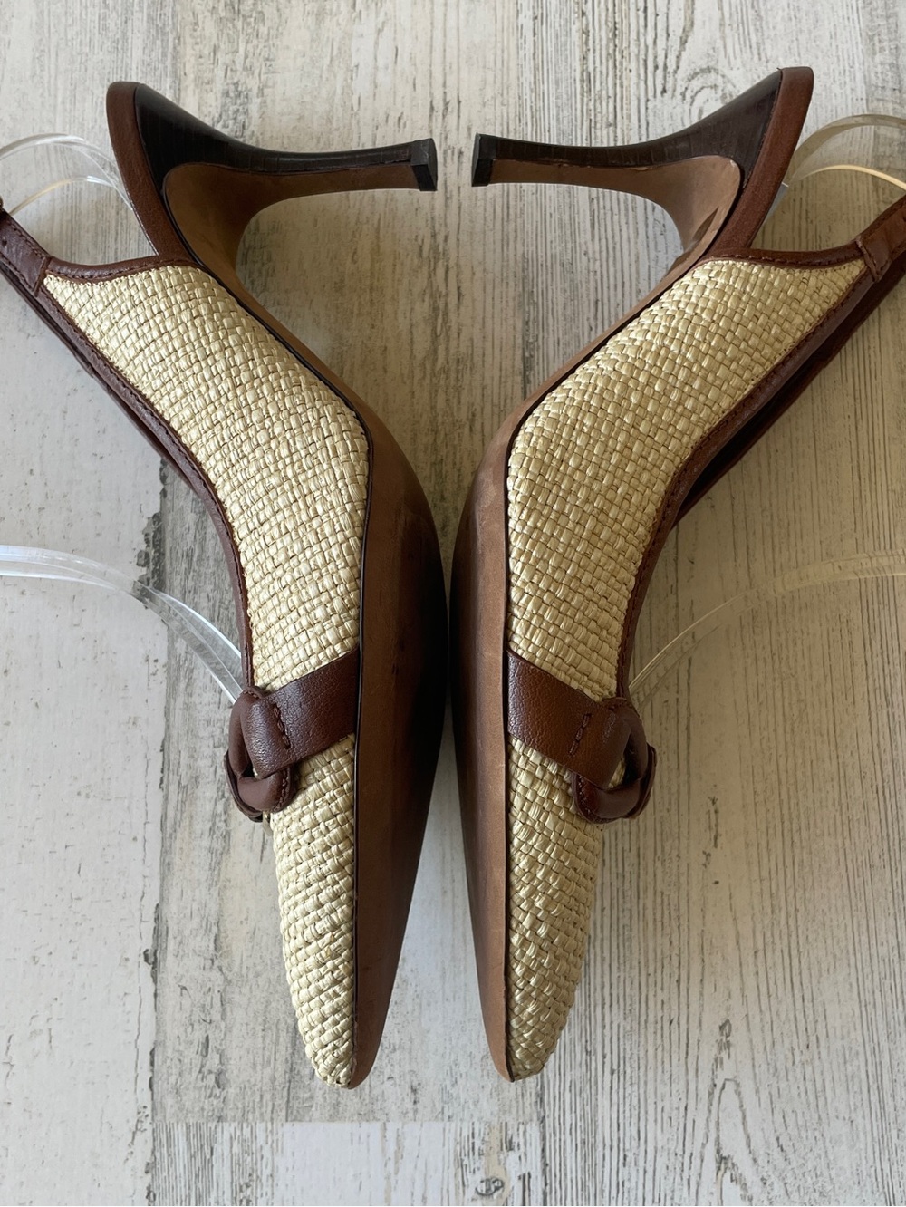 Celine Slingback Heels Brown Leather & Raffia Straw Pointed-Toe SZ 40.5 C US 9.5 - Picture 6 of 14